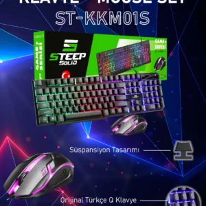 Steep Solid ST-KKM01S Mekanik Hisli Kablolu Rainbow Işıklı Oyuncu Klavye - Mouse Set